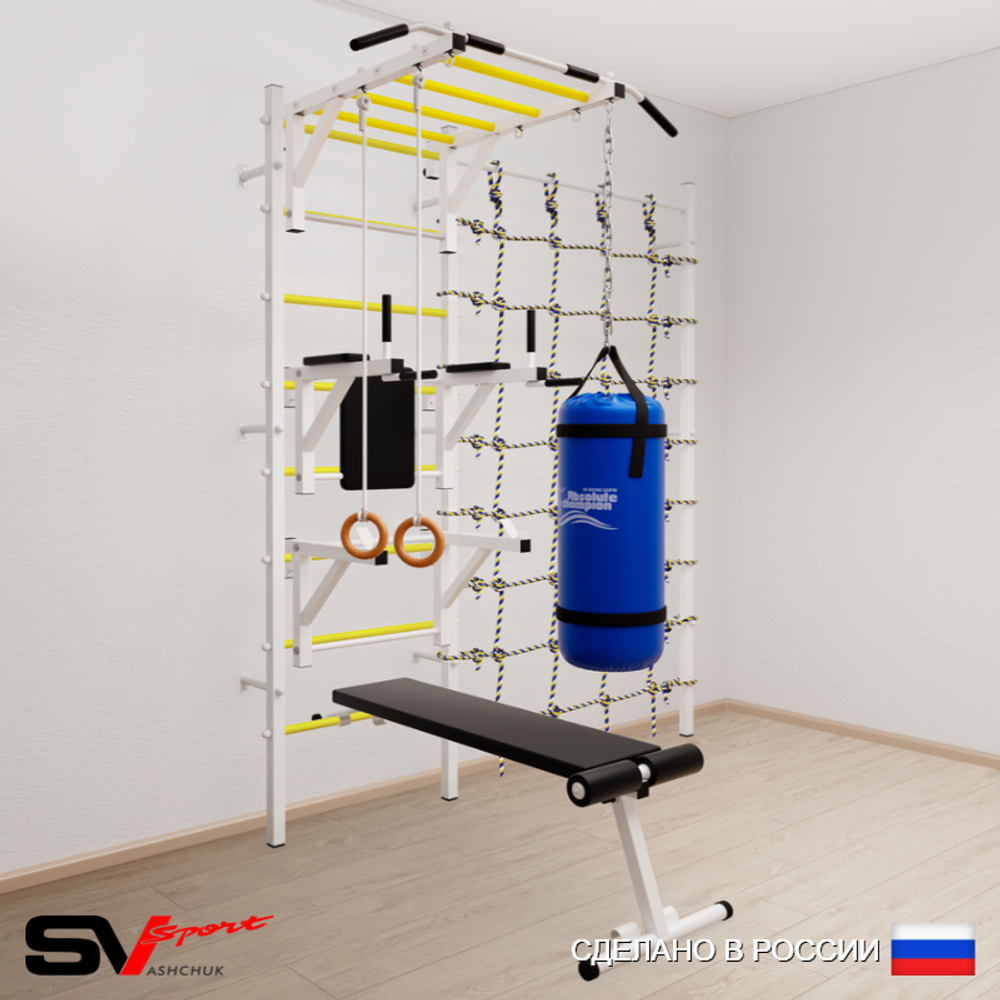 Шведская стенка Sv Sport усиленная 66130 (Турник рукоход/Брусья/Стойка/Скамья/Кольца/Цепь/Мешок 30кг/Канатный лаз)