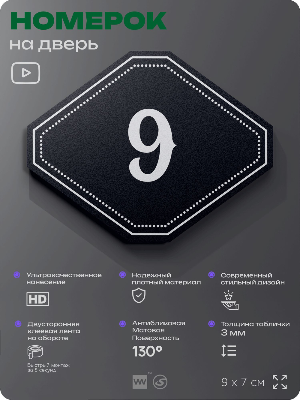 Номерок на дверь квартиры 9, для кабинета, офиса, шильдик 9 х 7 см, черный, Айдентика Технолоджи