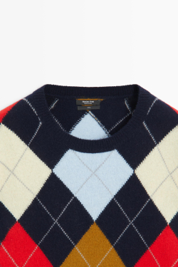 Massimo Dutti Свитер из 100% шерсти с ромбами, темно-синий