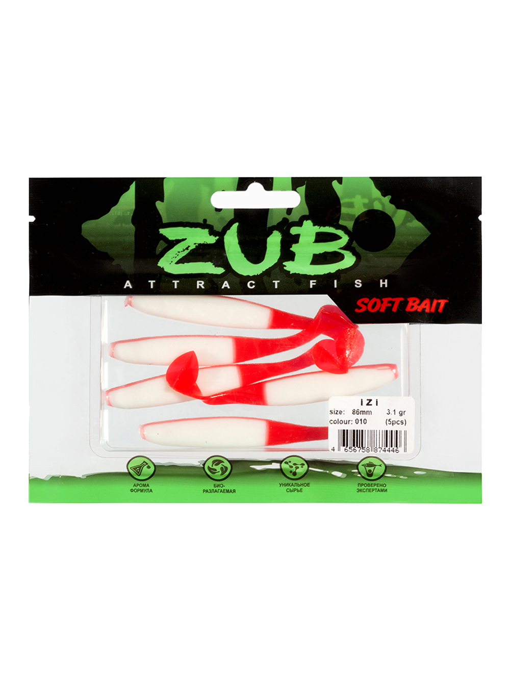 Приманка ZUB-IZI  86мм(3,4")-5шт, (цвет 010) белое тело - красный хвост