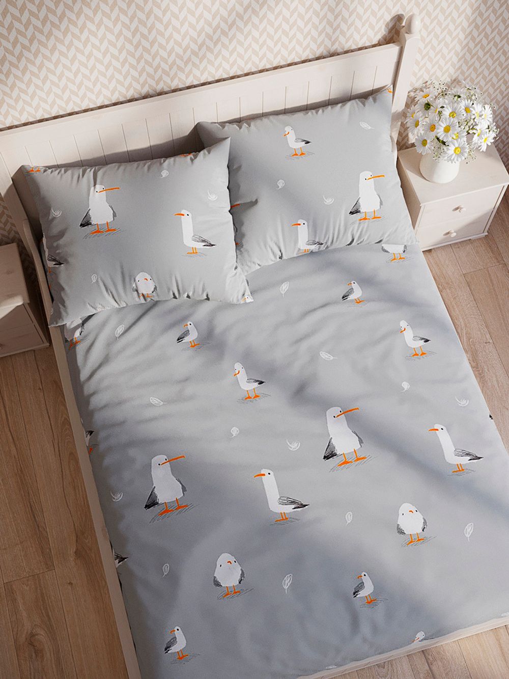 Постельное белье сатин Milky Garden "Seagull" 1,5-сп Наволочка 50х70 см 1 шт Простынь на резинке 90x200 см Пододеяльник 145x215 см