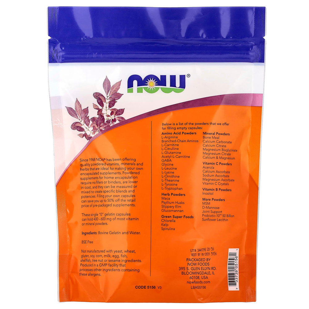 NOW Foods, одиночные желатиновые капсулы, размер «0», прибл. 250 пустых капсул, 24 г (0,85 унции)