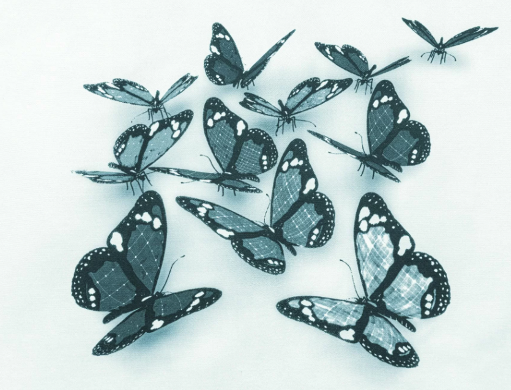 BUTTERFLIES 3D-3 BLUE мебельная ткань велюр, рисунок бабочки, ширина 1,4 м