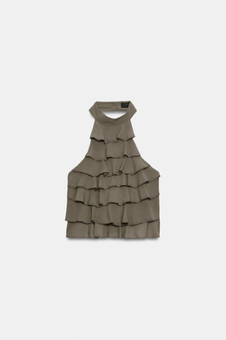 ZARA ТОП ИЗ ЖОРЖЕТА С ГОРЛОВИНОЙ ХАЛТЕР, СВЕТЛЫЙ ХАКИ