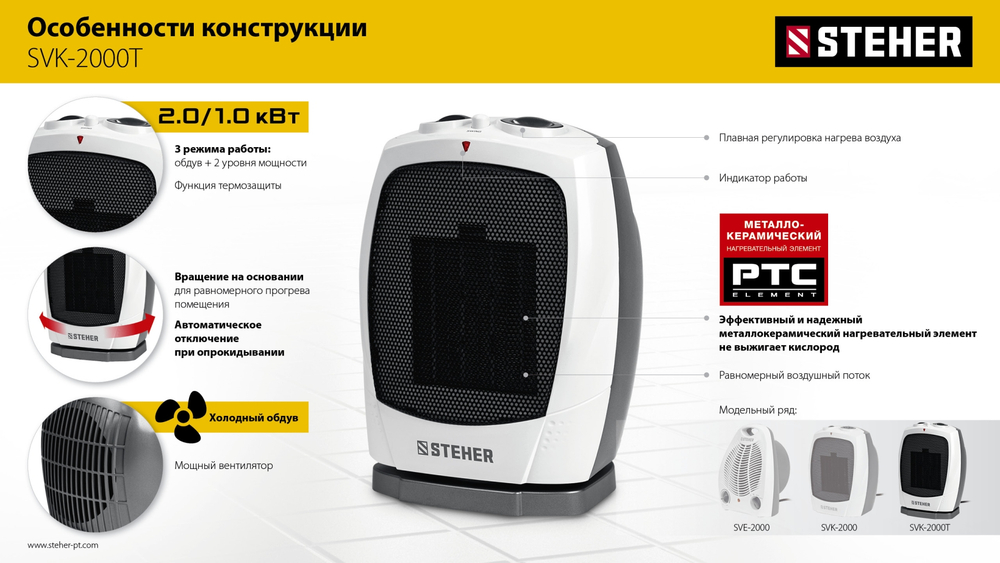 Тепловентилятор электрический 2 кВт с автоповоротом STEHER SVK-2000T
