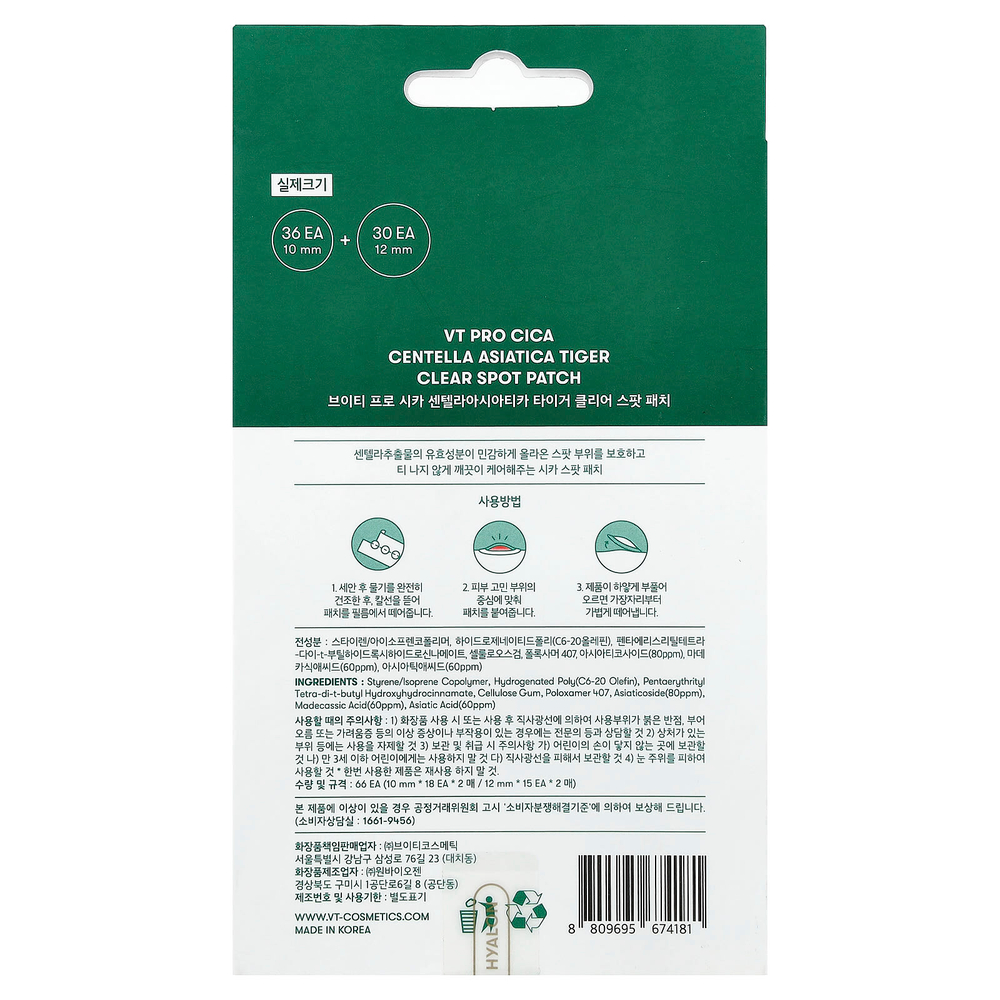 VT Cosmetics, Pro Cica Centella asiatica Tiger, патчи для лица, 4 шт., 66 патчей