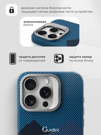 Чехол накладка iPhone 16 Pro 6.3" Gurdini Carbon Design (Magsafe & Lense holder) Mountain Blue