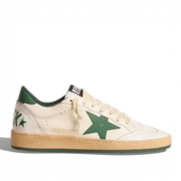Мужские кеды Golden Goose Ball Star Wishes in white nappa leather with green leather star and heel tab