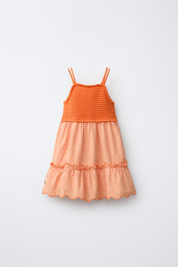 ZARA ТРИКОТАЖНОЕ ПЛАТЬЕ В КЛЕТКУ ВИШИ С ВЫШИВКОЙ, ОРАНЖЕВЫЙ
