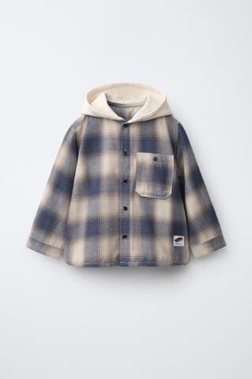 ZARA РУБАШКА В КЛЕТКУ С КАПЮШОНОМ, СИНИЙ МЕЛАНЖ