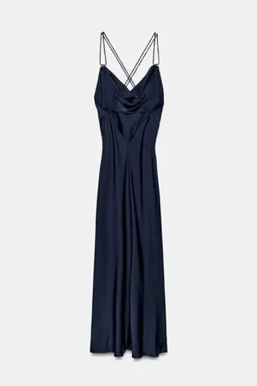 ZARA АТЛАСНОЕ ПЛАТЬЕ В БЕЛЬЕВОМ СТИЛЕ С ЗОЛОТИСТОЙ ФУРНИТУРОЙ, СИНИЙ