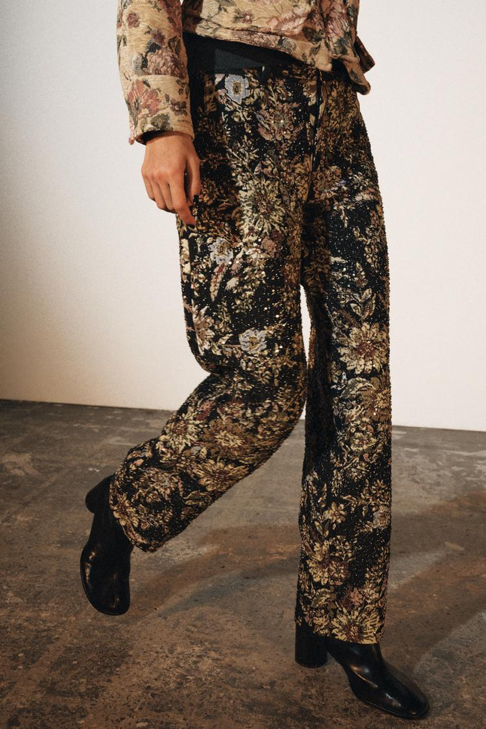 ZARA БРЮКИ С ЦВЕТАМИ И БУСИНАМИ — ZW COLLECTION, ЧЕРНЫЙ