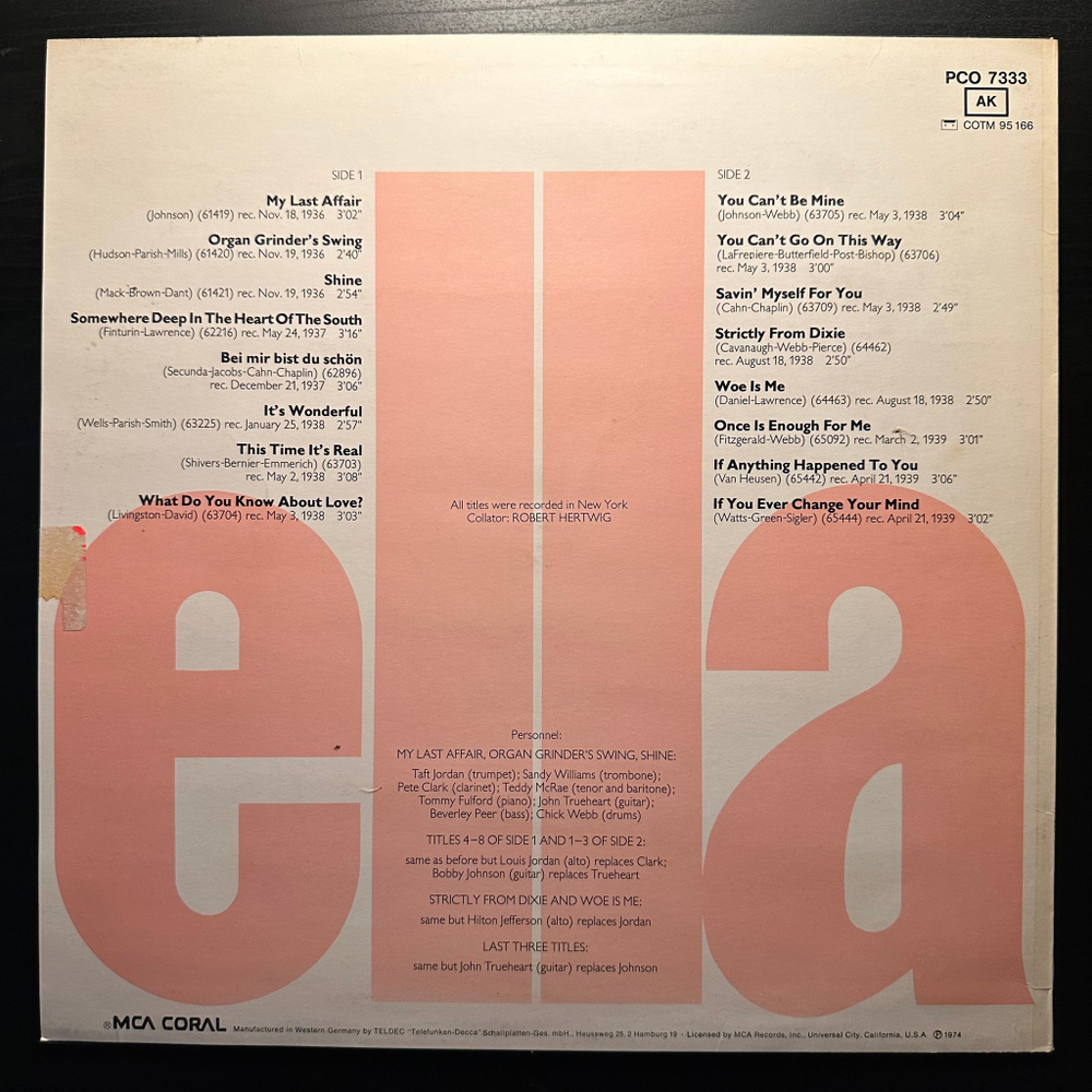 Ella Fitzgerald And Her Savoy Eight ‎– Ella Volume 2 1936 - 1939 (Германия 1974г.)
