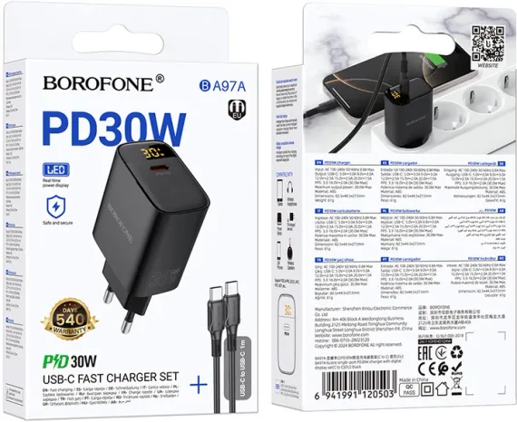 Adapter / Адаптер Сетевое зарядное устройство для Borofone BA97A Ilustre single-port PD30W Charger with digital display set C to C EU Black