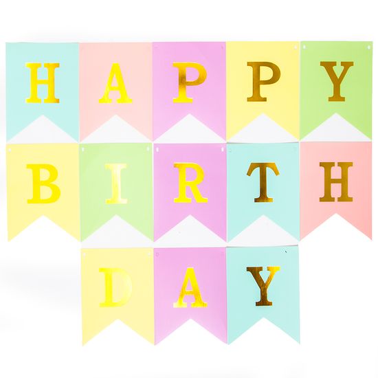 Гирлянда Флажки, Happy Birthday (золотые буквы) светлый микс, 160 см, 1 шт.