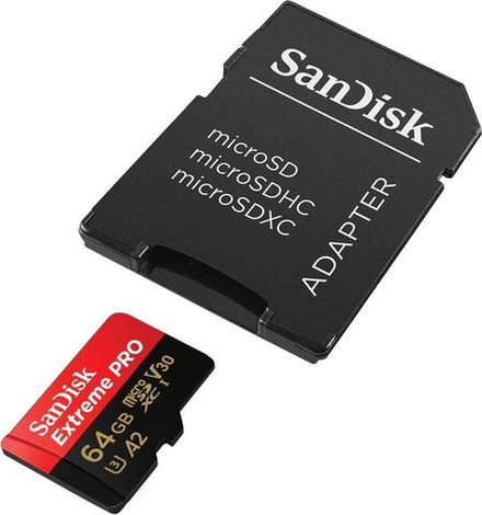 Карта памяти SanDisk Extreme Pro microSDXC 64GB UHS-I U3 V30 A2, R/W 200/90 МБ/с с адаптером SDSQXCU