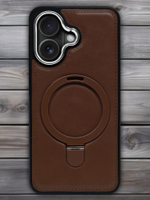 Business style чехол из кожи для IPHONE 16 с кольцом-подставкой и бархатной подкладкой