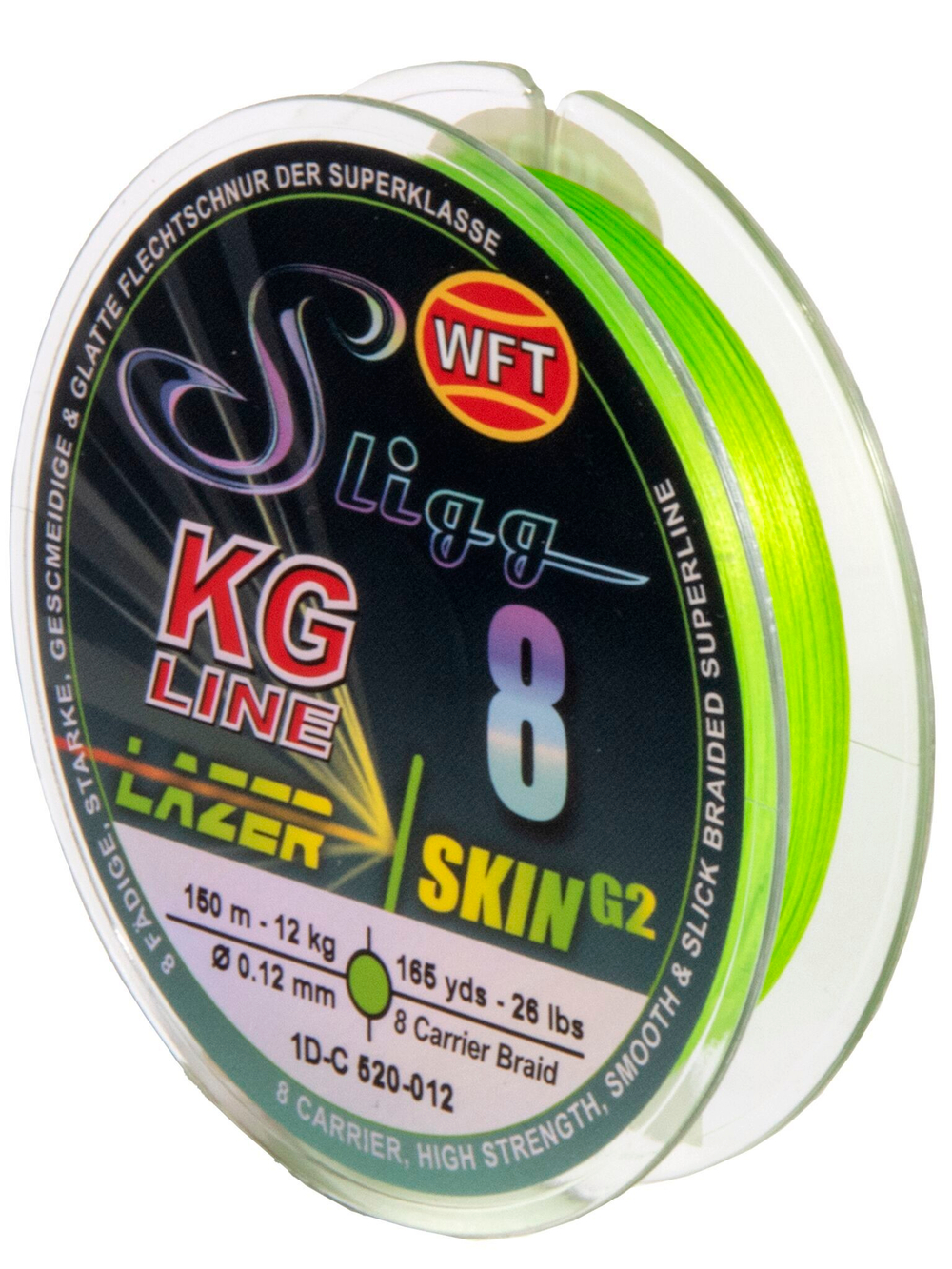 Леска плетёная WFT KG SLIGG LAZER SKIN G2 x8 Chartreuse 150 м, 0,12 мм