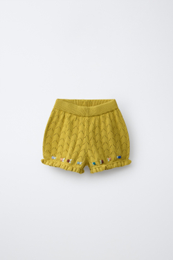 ZARA ТРИКОТАЖНЫЕ ШОРТЫ С ВЫШИВКОЙ ИЗ ХЛОПКА И ЛЬНА, ЦВЕТ ОЛИВКОВОГО МАСЛА