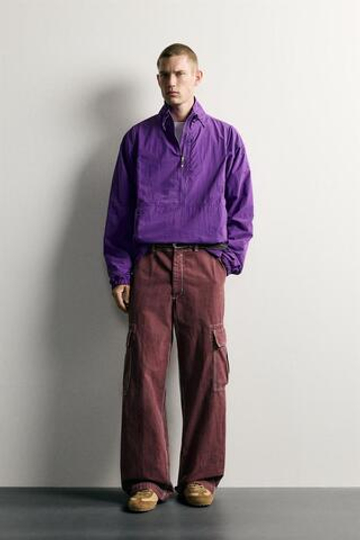 ZARA БРЮКИ КАРГО RELAXED FIT С КОНТРАСТНОЙ ОТСТРОЧКОЙ, БОРДОВЫЙ
