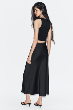 ZARA АТЛАСНАЯ ЮБКА МИДИ, ЧЕРНЫЙ
