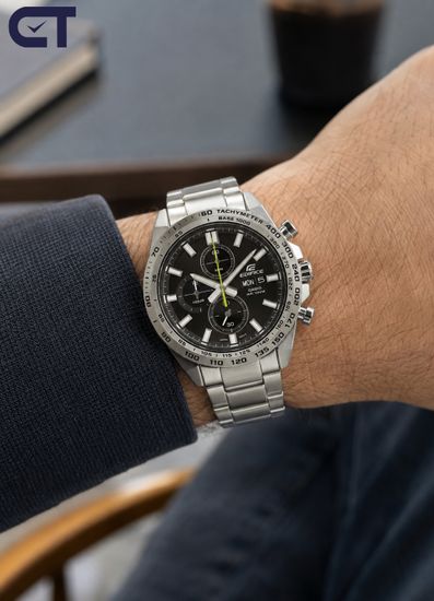 CASIO EFR-574D-1AVUDF EDIFICE мужские наручные часы — стальной хронограф с тахиметром и чёрным циферблатом