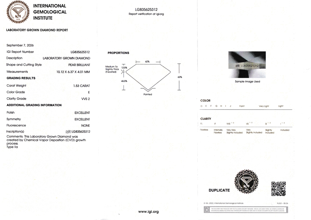 Ограненный синтетический алмаз груша 10.12 х 6.37 х 4.01 мм E/VVS2 1.53 ct