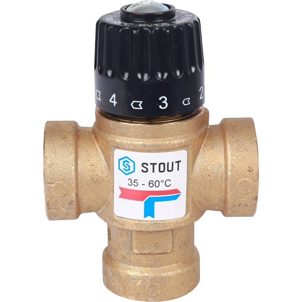 Клапан термостатический смесительный STOUT - 3/4" (ВР, 35-60°C, Kvs 1.6, L-образное смешивание)