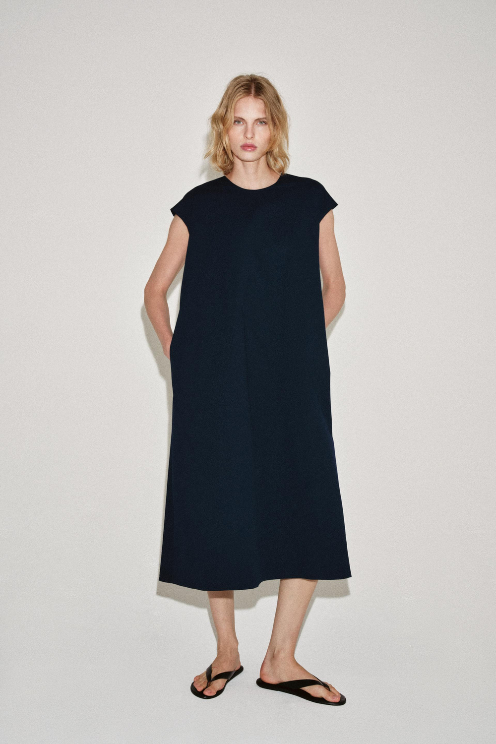 ZARA ПЛАТЬЕ МИДИ ИЗ ПОПЛИНА — ZW COLLECTION, МОРСКОЙ СИНИЙ