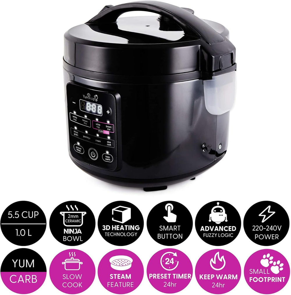 Yum Asia Рисоварка Kumo YumCarb Rice Cooker, 5,5 чашек, 1 л (Dark Stainless Steel)