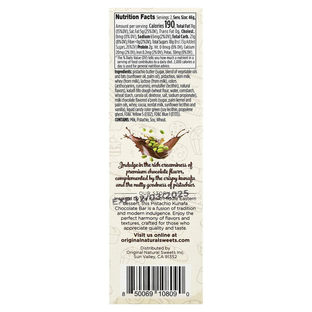 Original Natural Sweets, дубайский молочный шоколад, 91 г (3,2 унции)