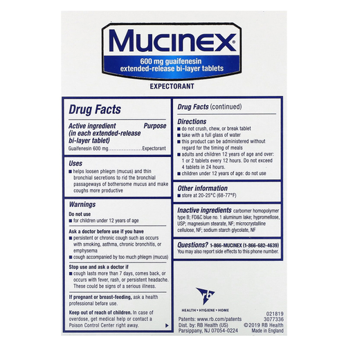 Mucinex, Муцинекс, 600 мг, 40 двухслойных таблеток с пролонгированным высвобождением