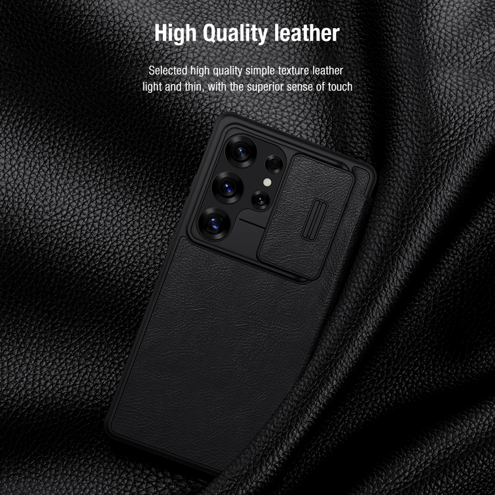 Кожаный чехол книжка черного цвета от Nillkin для Samsung Galaxy S25 Ultra, серия Qin Pro Leather с сдвижной защитной шторкой для камеры