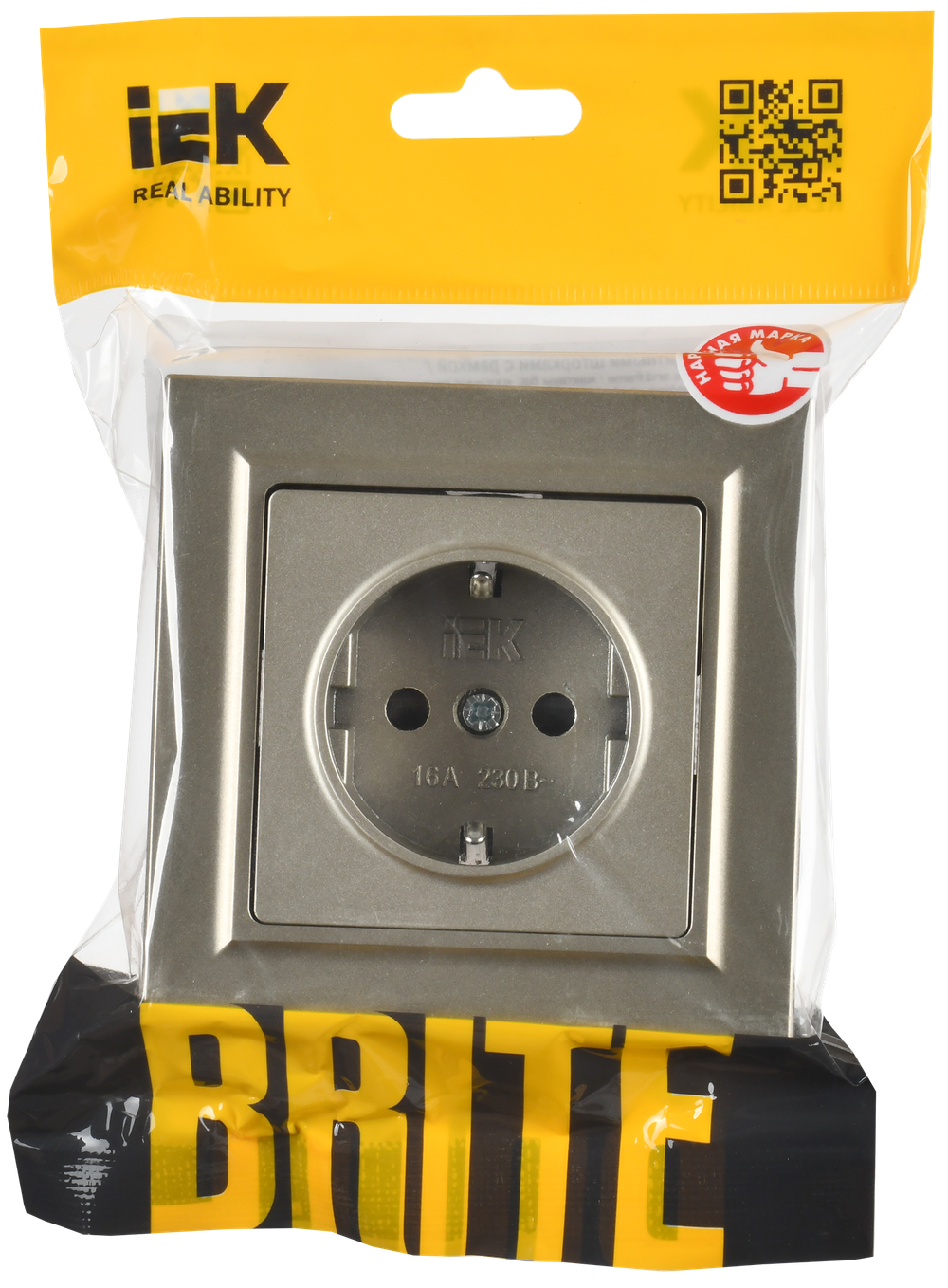BRITE Розетка 1-местная с заземлением с защитными шторками 16А в сборе РСР14-1-0-БрШ шампань IEK