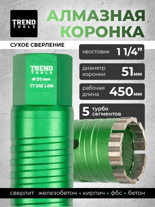 Алмазная коронка по бетону 51 мм 1 1/4" длина 450 мм