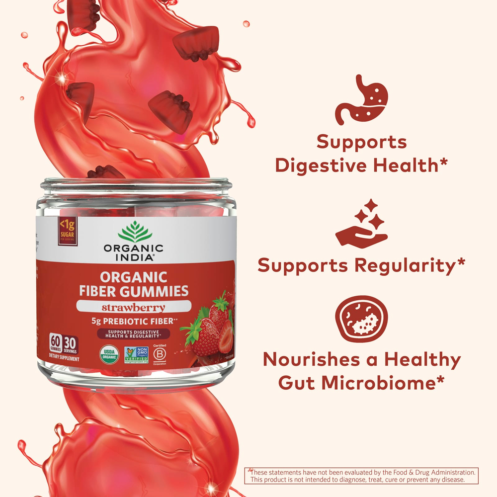 Organic India, Жевательные мармеладки с органической клетчаткой, клубника, 60 жевательных таблеток