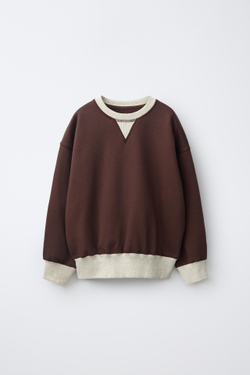 ZARA КОМПЛЕКТ ИЗ ТОЛСТОВКИ И БРЮК WIDE LEG В СТИЛЕ COLOR BLOCK, КОРИЧНЕВЫЙ