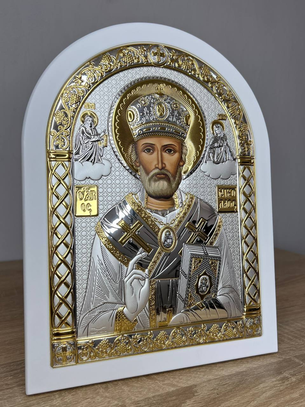 Николай Чудотворец, икона арочная, белое дерево 175х225 — детальный вид