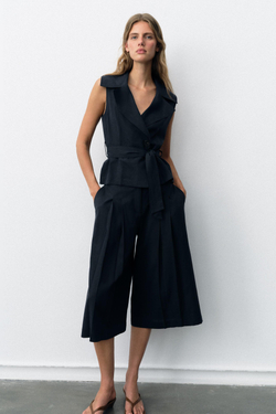 ZARA ЛЬНЯНОЙ ЖИЛЕТ С ПОЯСОМ, МОРСКОЙ СИНИЙ