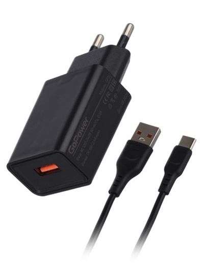 Сетевое З/У GoPower GP1U 1USB 2.4A 12W с кабелем Type-C черный