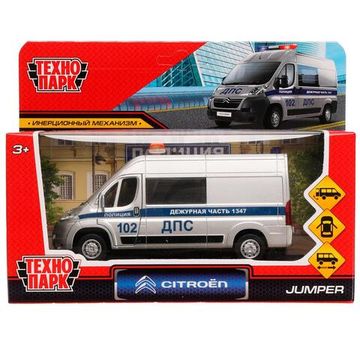 Машина металл CITROEN JUMPER ПОЛИЦИЯ 14 см,двери, багаж, серебристый Технопарк