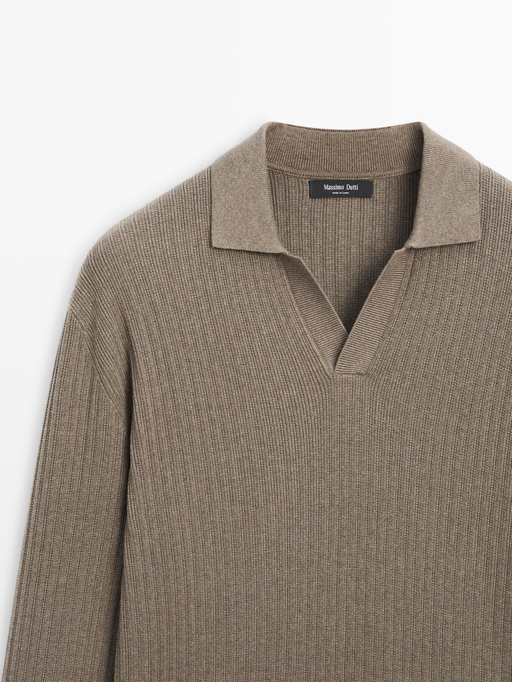 Massimo Dutti Трикотажный свитер из смесового хлопка с воротником-поло, хаки