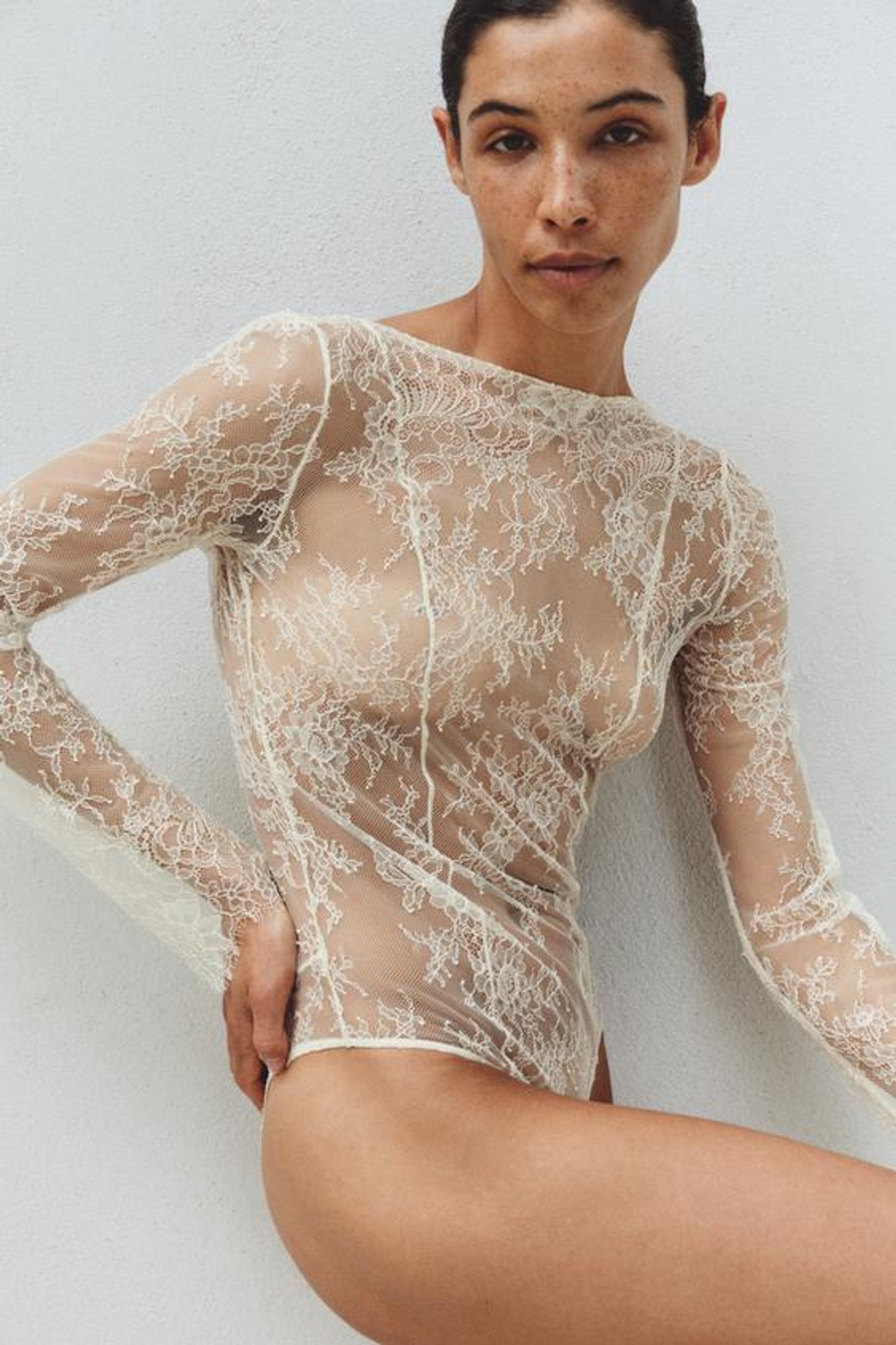 ZARA КРУЖЕВНОЕ БОДИ, ЭКРЮ