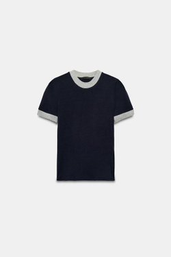 ZARA ФУТБОЛКА В РУБЧИК С КОНТРАСТНОЙ ОТДЕЛКОЙ, СИНИЙ/ЧЕРНЫЙ