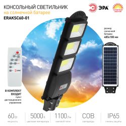 Консольный светильник ЭРА ERAKSC60-01 светодиодный уличный 60 Вт 1100 Лм COB на солнечной батарее с датчиком движения | Уличное освещение на солнечных батареях