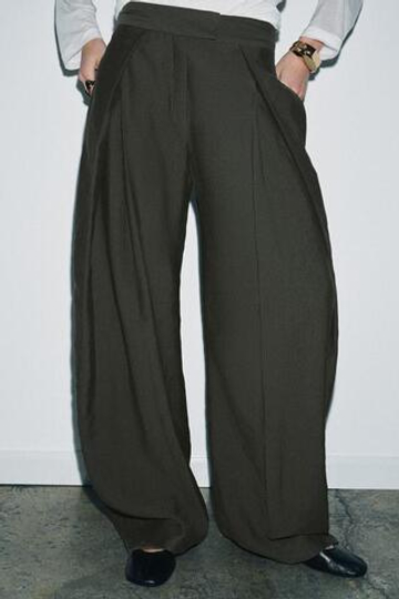 ZARA БРЮКИ WIDE-LEG С ЗАЩИПАМИ — ZW COLLECTION, ХАКИ