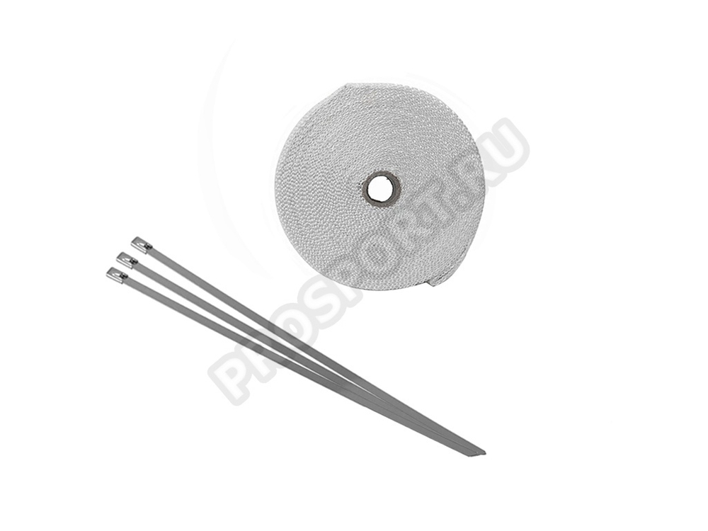 Термолента для глушителя белая 1mm*50mm*5m, с 3 хомутами, стекловолокно (в блистере)