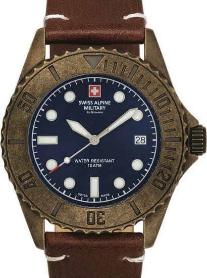 С ремешком Мужские наручные часы с коричневым кожаным ремешком Swiss Alpine Military 7051.1585 diver vintage 41mm 10ATM