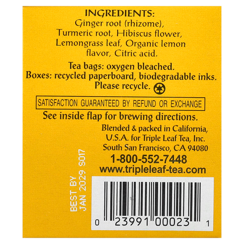 Triple Leaf Tea, чай с лимоном и имбирем, 20 чайных пакетиков, 40 г (1,41 унции)