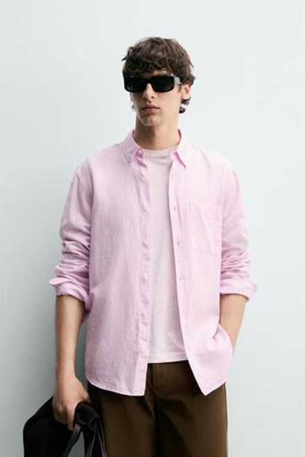 ZARА РУБАШКА REGULAR FIT ИЗ ЛЬНА И ХЛОПКА, РОЗОВЫЙ